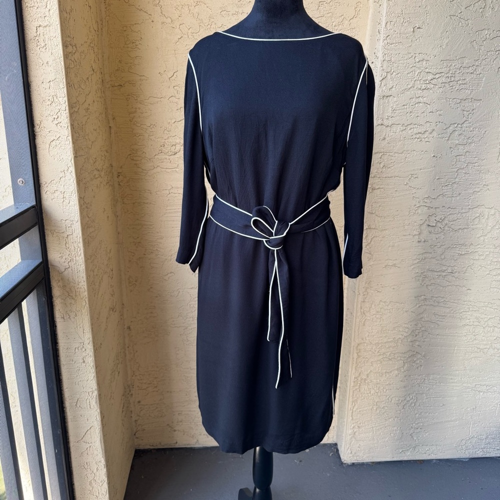 Boden Black Long Sleeve Belted Dress with White Piping